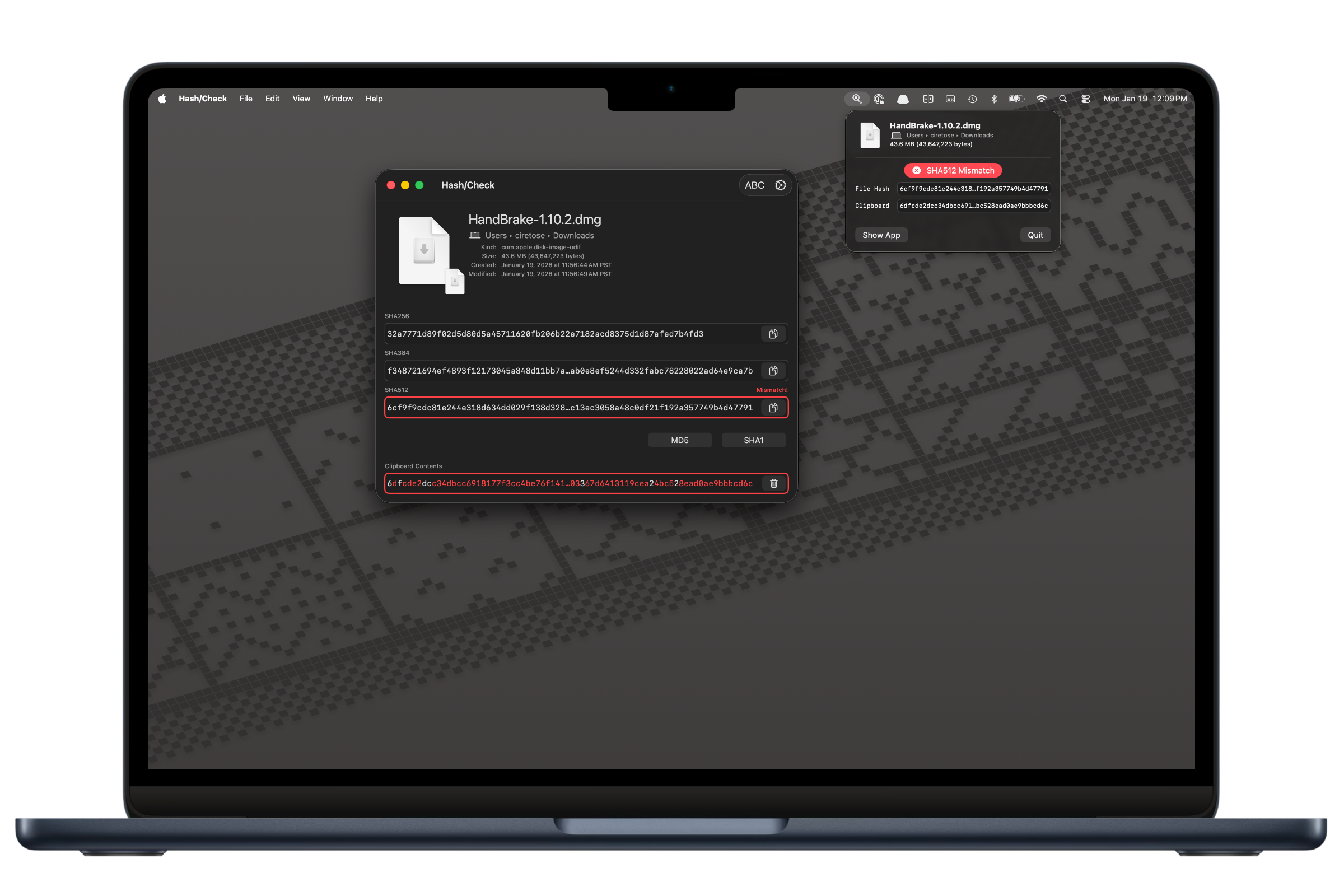 HashCheck interface showing hash verification